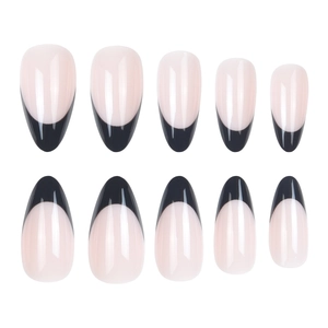 Glossy almond-shaped press-on nails featuring nude base with black French tips, set of 10