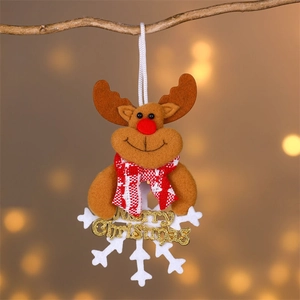 Detail of felt reindeer Christmas ornament with golden Merry Christmas text and snowflake