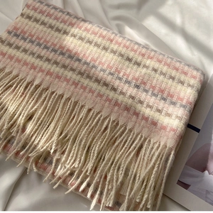 Rainbow plaid winter scarf with fringe tassels for women in soft pink and beige knit