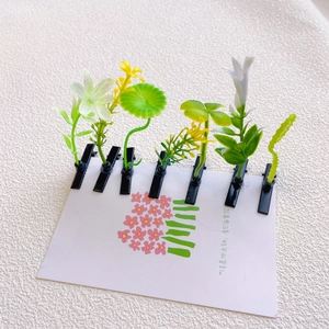 Close-up of assorted floral and leaf hair clips displayed on a white decorative card