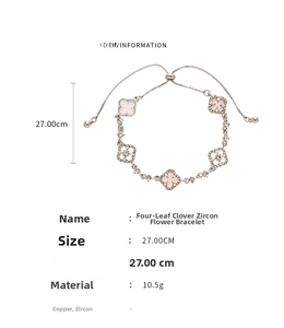 Detailed view of adjustable four-leaf clover bracelet with zirconia and rose gold plating
