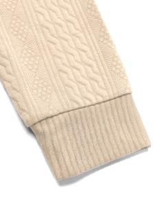 Detailed view of beige knit sweater cuffs featuring intricate cable patterns and ribbed edges
