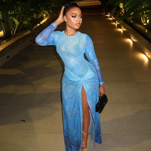 Slim fit bright blue long sleeve dress with golden leaf print and side slit design