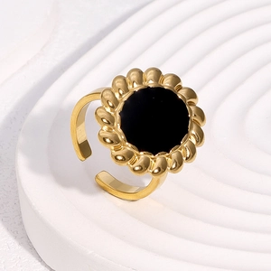 Minimalist 18k gold plated stainless steel open ring with black sunflower design