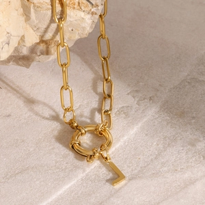 Gold stainless steel toggle necklace with letter L pendant on minimalist link chain