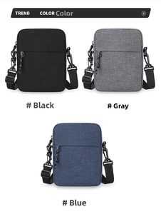 Detailed view of durable polyester crossbody bags in black, gray, and blue colors