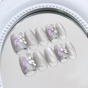 Handmade Press On Nails Grey Cat Eye Magnetic 3D Purple Butterfly Rhinestones Short Ballet Shape For Women