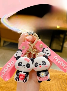 Detail of panda keychains with pink silicone straps and cute foodie accessories