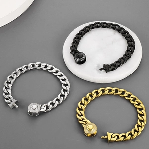 Chaînes NK 10mm en acier poli en noir, argent et or avec fermoirs ornés de pierres CZ