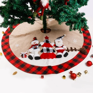 Classic Santa and Snowman Christmas tree skirt with red and black buffalo plaid border