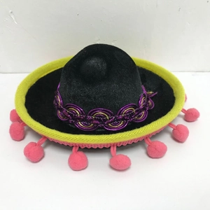 Mini black felt Mexican party sombrero headband with pink pom-poms and yellow trim