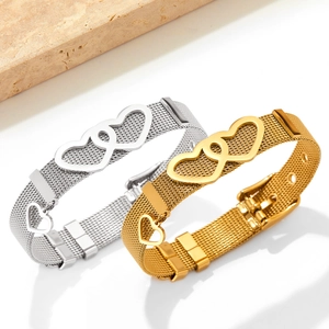 Stainless Steel Double Interlocking Heart Mesh Bracelet Adjustable Watchband Style Jewelry For Women