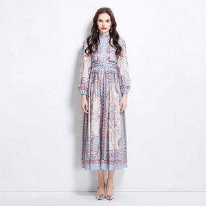 Baroque floral print maxi dress with stand collar and waist belt in light blue and beige