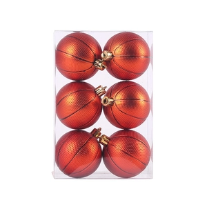 Pack of 6 red basketball-themed Christmas ornaments with golden caps in a clear box