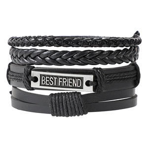 Men's multilayer black leather braided bracelet set with 'Best Friend' engraved metal plate
