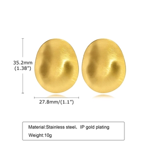 Golden oval stainless steel earrings with brushed finish and detailed dimensions