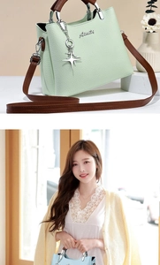 Close-up of leather texture and crossbody bag details with silver star pendant