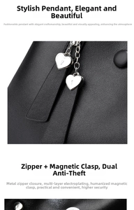 Détail du sac en cuir noir avec cadenas en forme de cœur et fermeture sécurisée à zip