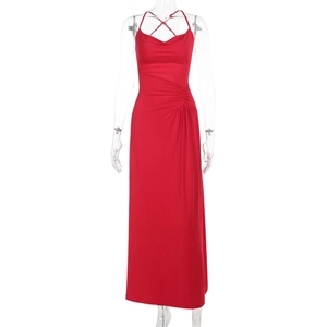 Detail of red backless evening dress with cowl neck and side ruching details