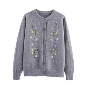 Women's gray knit cardigan featuring round neck and elegant floral embroidery details