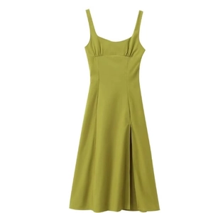 Avocado green midi slip dress with ruched bust and side slit on a clean white background