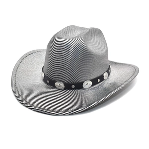 Silver striped western cowboy hat with wide brim and decorative studded leather band