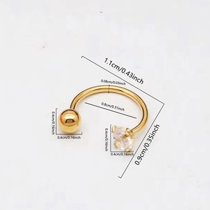 Gold stainless steel C-shaped stud earring with cubic zirconia and dimensions labeled