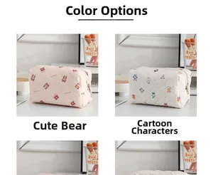 Detailed close-up of quilted cosmetic bags with cute bear and cartoon prints and zip closure