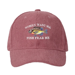 Pink corduroy baseball cap with Fish Fear Me embroidery and adjustable back strap