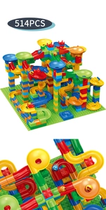 Detailed view of 514-piece colorful marble run blocks set with vibrant multi-tier structure