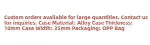 Specifications of square alloy watch case showing 10mm thickness and 35mm width details