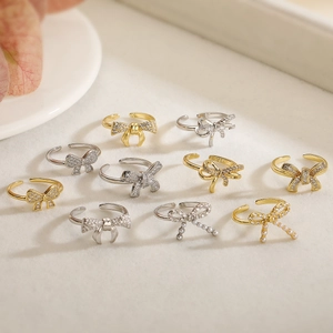 Bow Open Ring Women Copper Micro Inlaid Zircon Rhinestone Adjustable Fashionable Minimalist Elegant Jewelry