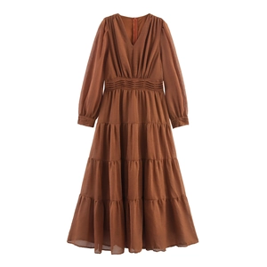 V Neck Long Sleeve Maxi Dress For Women Elegant Shirred High Waist Tiered Cake Skirt Solid Color Commuting Chiffon Feel