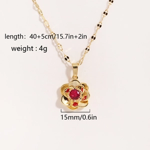 Golden rose flower pendant necklace with red gemstone and adjustable chain parameters