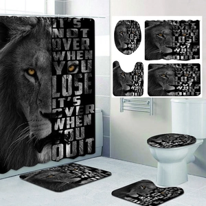 Detailed four-piece bathroom set including polyester lion shower curtain and non-slip mats