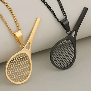 Creative stainless steel tennis racket pendants in gold and black finishes on chain