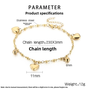 Detail view of gold heart and bead anklet with specific dimensions and lobster clasp