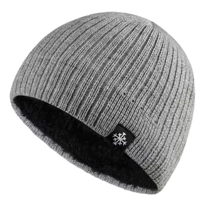 Fleece lined winter knit beanie in gray with warm faux shearling lining for outdoor wear