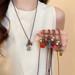 Bohemian Long Necklace Natural Stone Wood Bead Pendant Wax Rope Cord Ethnic Handmade Jewelry For Women