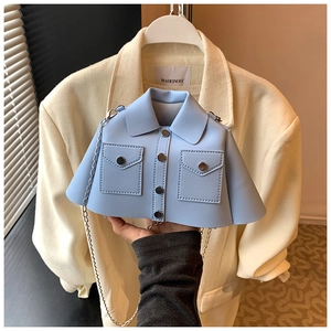 Creative light blue jacket-shaped crossbody bag with silver chain strap and button details