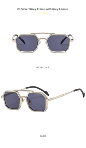 Detail view of silver octagonal geometric sunglasses with dark grey lenses in C3 style