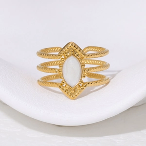 French vintage multilayer 18K gold plated ring with marquise white stone center
