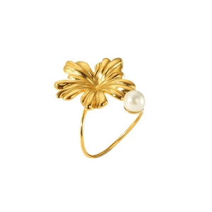 Fashion 18k gold plated stainless steel open ring with pearl and tropical flower design