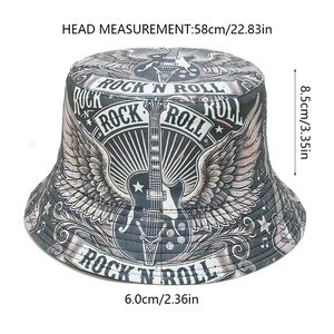 Detail view of rock theme bucket hat with guitar print and specific size measurements