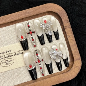 Black French Cat Eye Press On Nails Long Coffin Handmade Rhinestone Bow Cross Gothic Dark Style Luxury For Women