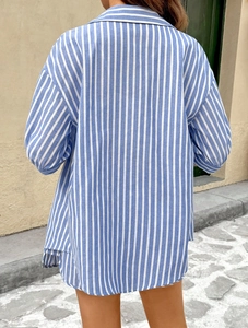 Women's loose maternity two-piece set featuring blue and white striped drop shoulder shirt
