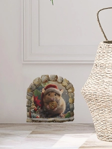 Détail sticker mural 3D souris de Noël avec effet arche en pierre sur mur blanc
