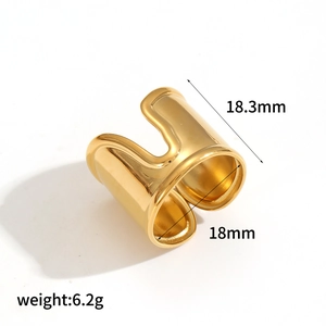 Irregular wide gold stainless steel open ring with dimension and weight labels