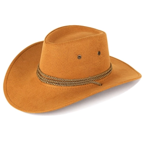 Classic camel faux suede western cowboy hat with braided rope trim and side eyelets