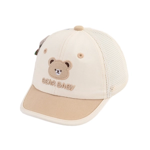 Toddler breathable baseball cap with bear embroidery and mesh panels in cream and khaki